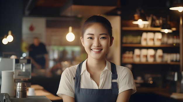 사진 웃는 아시아 여성 바리스타가 편안한 현대적인 커피 분위기 배경에