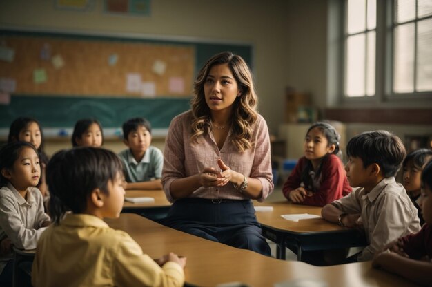 Photo an smiling asian female high school teacher teaches the white uniform students in the classroom by a