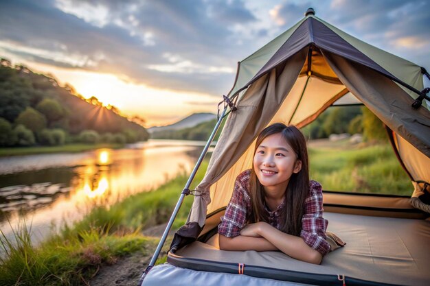 川の近くの屋上テントでリラックスしている笑顔のアジア人少女