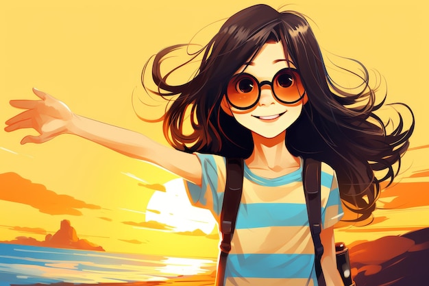 Smiling Asian girl with flowing hair round glasses and backpack travels through mountains and seas