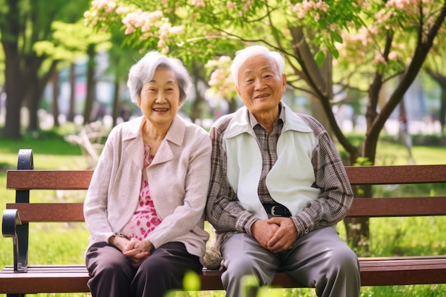 Smiling asian grandparents relaxing together in the park