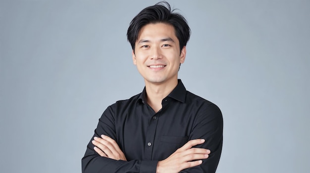smiling asian man in a black shirt with crossed arms