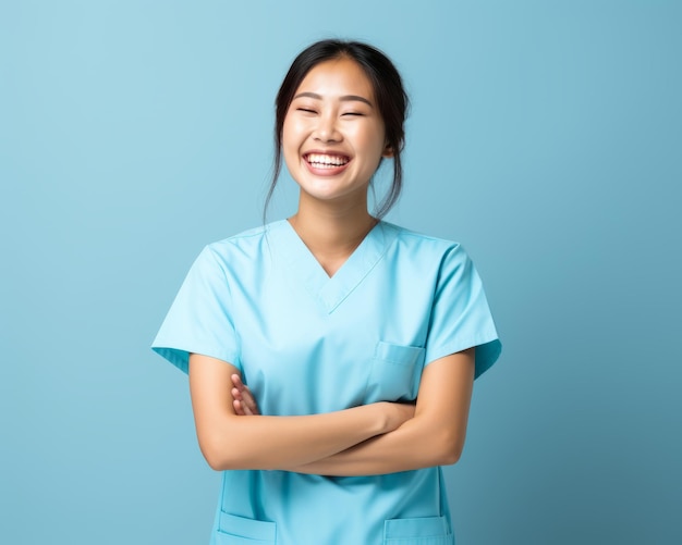 青の背景に青のスクラブで笑顔のアジアの看護師