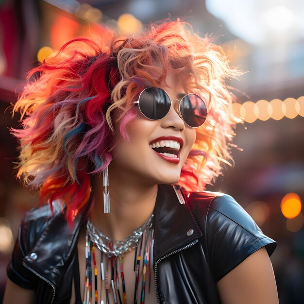 Photo smiling asian rockstar woman with colorful curly hair