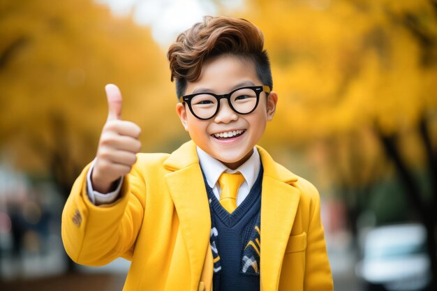 Smiling asian schoolboy wearing school uniform show thumb up finger on outdoor