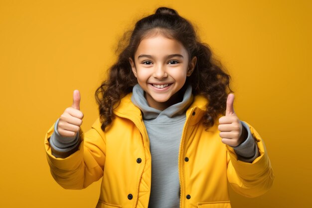 Smiling asian schoolgirl show thumb up finger on yellow background back to school