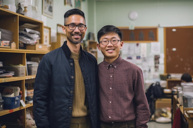 Smiling Asian students in a classroom with teacher