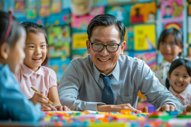 Улыбающийся азиатский учитель общается с молодыми учениками в красочной классной среде