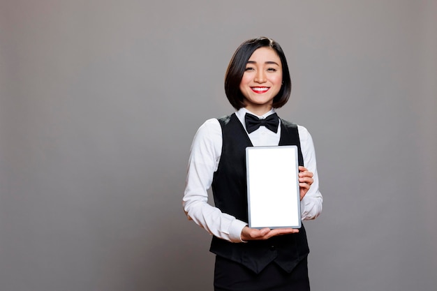 Smiling asian waitress presenting digital tablet empty screen with copy space for advertisement. Friendly restaurant receptionist showing blank touch screen and looking at camera