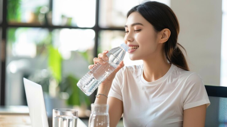Photo 笑顔のアジア人女性がボトルから水を飲みながらラップトップでデスクで働いています