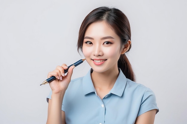 笑顔のアジア人女性の手はペンを握って白に隔離されています
