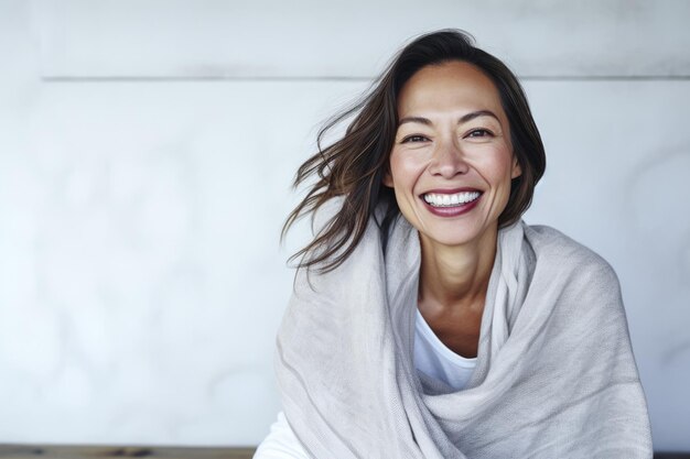 Smiling Asian woman at her home with a positive mood