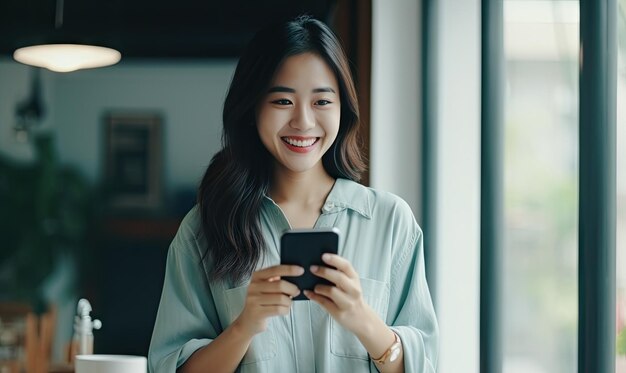 미소 짓는 아시아 여성 이 비는 도시 풍경 을 배경 으로 하여 집중적 으로 전화 를 사용 한다