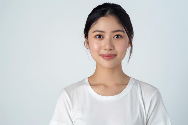 写真 smiling asian woman poses in studio for camera