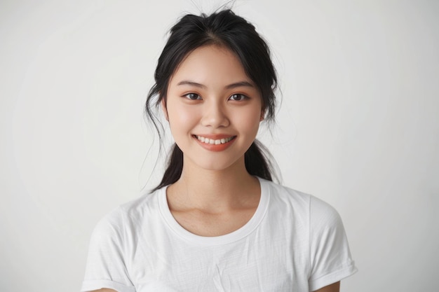 写真 smiling asian woman poses in studio for camera