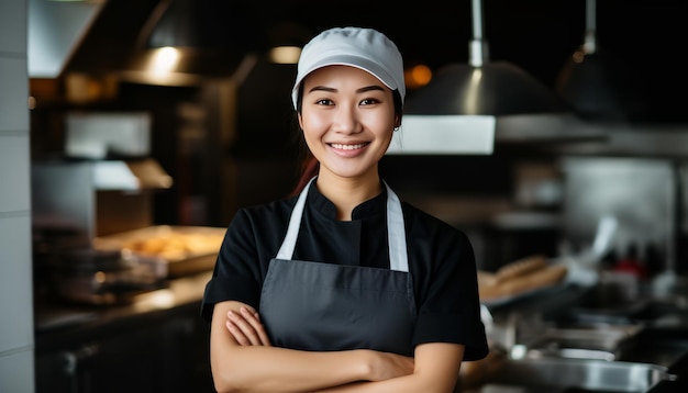 Smiling asian woman shop worker in supermarket young female assistant vegetable and fruit retailer