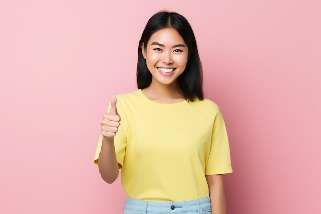 Photo smiling asian woman showing okay sign gives approval recommends smth good standing a colored backgro