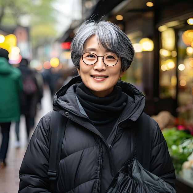 Smiling asian woman on a street filled with hidden details