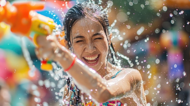 笑顔のアジア人女性が水にれました 彼女はソングクラン祭りに水銃を使っています