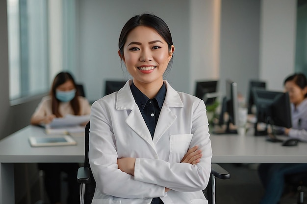 Smiling asian woman in white coat sitting on work chair