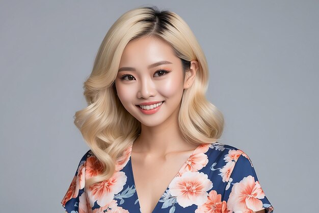 Photo smiling asian woman with blonde hair wearing floral dress