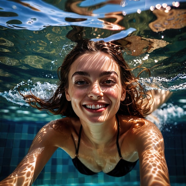 Foto donna atletica sorridente che fa attività sportiva di nuoto artistico