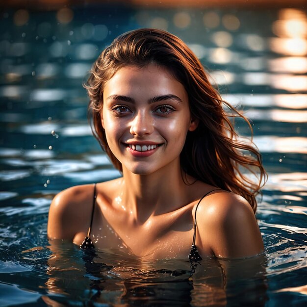 Smiling athletic woman doing Artistic Swimming exercise sport activity