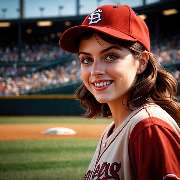 Photo smiling athletic woman doing baseball exercise sport activity