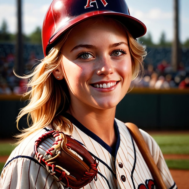 Photo smiling athletic woman doing baseball exercise sport activity