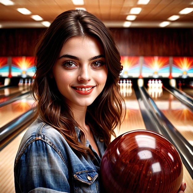 Photo smiling athletic woman doing bowling exercise sport activity