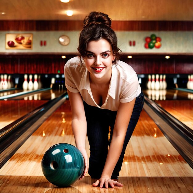 Photo smiling athletic woman doing bowling exercise sport activity