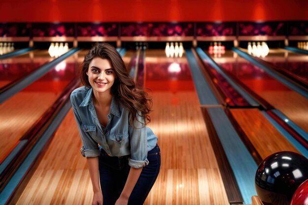 Photo smiling athletic woman doing bowling exercise sport activity