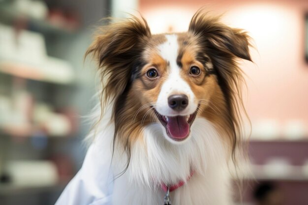 Foto un border collie sorridente e attento che indossa un collare nell'ufficio dei veterinari