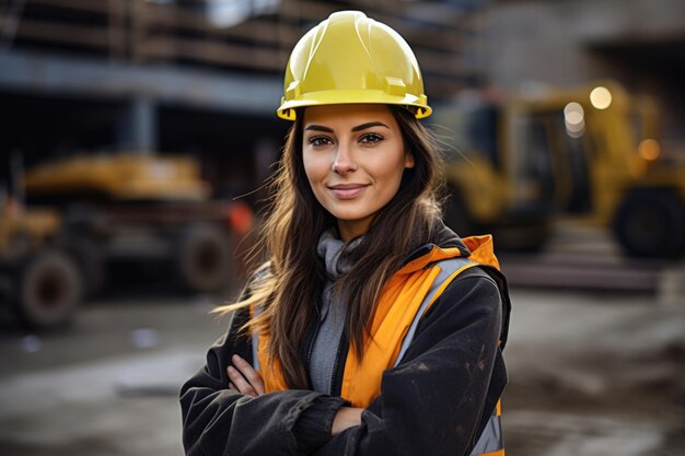 웃는 매력적인 여성 건설업자가 건설 산업의 권한과 다양성을 상징하는 성평등을 옹호합니다.