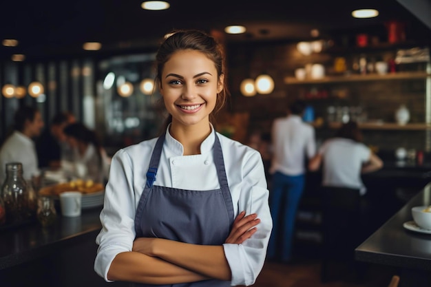 smiling attractive female chef posing in restaurant