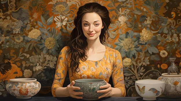 smiling attractive lady holding a bowl of pottery in the style of lucy grossmith