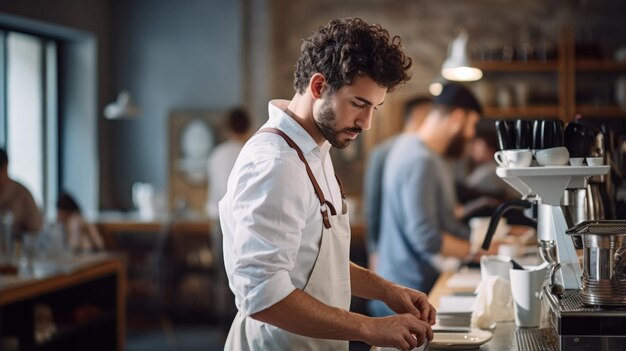 Foto uomo attraente sorridente barista in piedi dietro il bancone al caffè che mostra la tazza di caffè