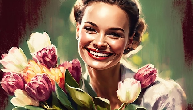 Smiling attractive woman holding flower bouquet and looking at camera Present for birthday Mothers day or other celebration Generative AI