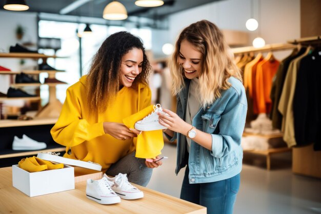 Smiling attractive young women in yellow hoodie shopping