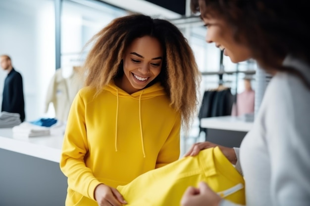 Photo smiling attractive young women in yellow hoodie shopping