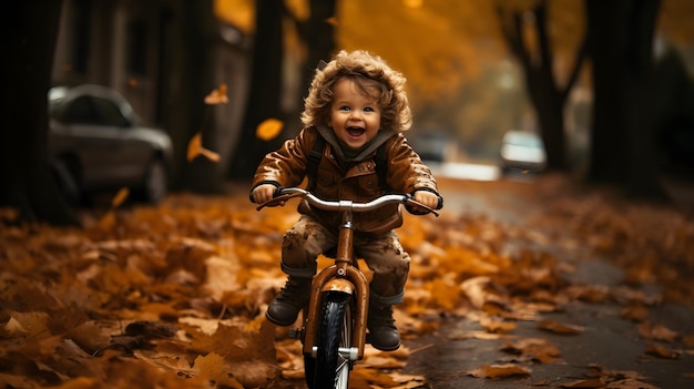 Photo a smiling baby boy on a cycle in a street