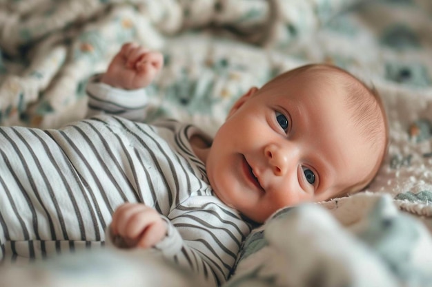 Photo a smiling baby laying on a blanket on a bed