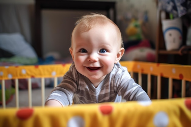 A smiling baby lying in a playpen looking at the camera created with generative ai