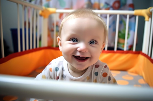 A smiling baby lying in a playpen looking at the camera