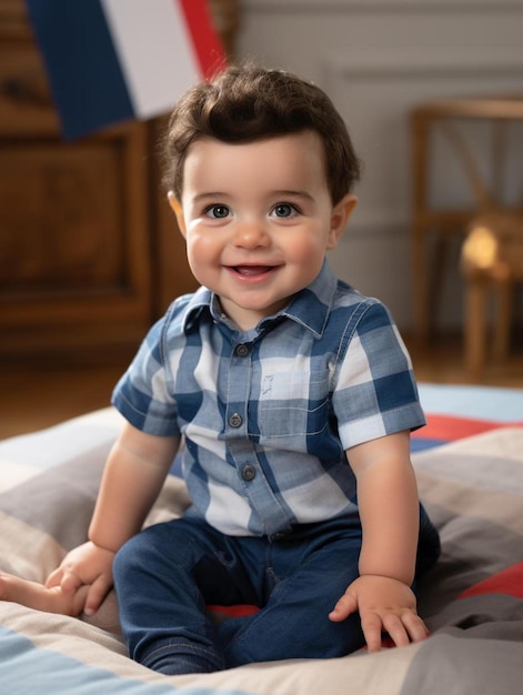 Photo a smiling baby sits on a bed with a blue and white checkered blanket