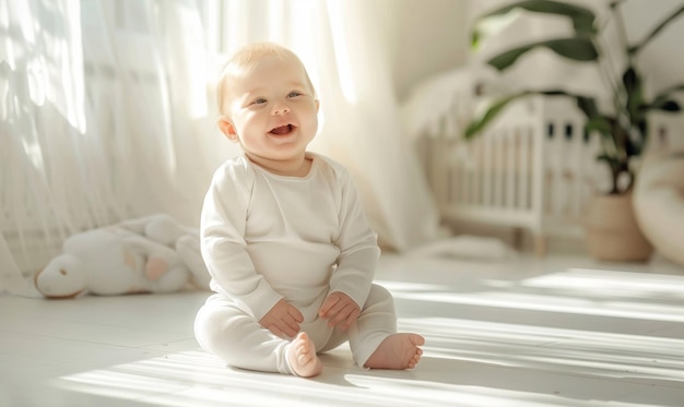 Smiling baby in sunlit room