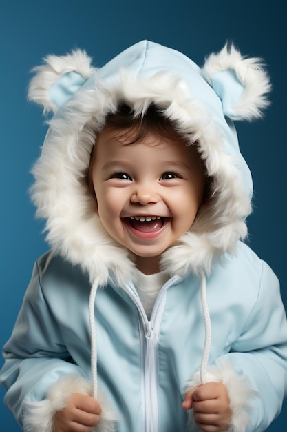 사진 웃는 아기, 한 토끼 의상을 입고, 귀가 부드럽다.