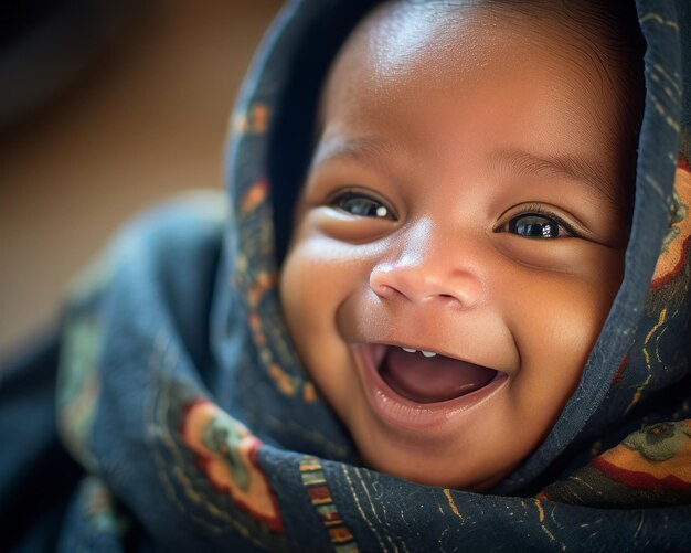 a smiling baby wearing a blanket