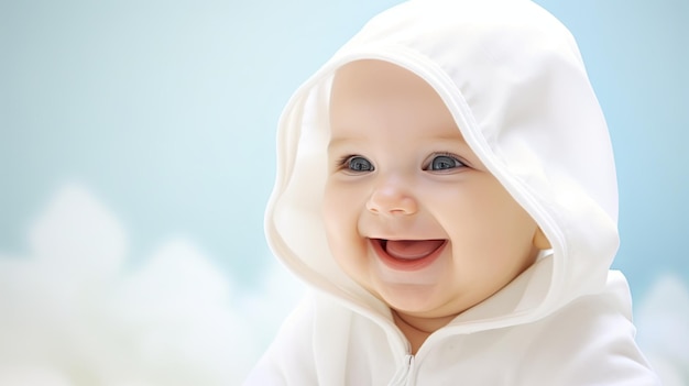 Smiling Baby Wearing White Hooded Jacket