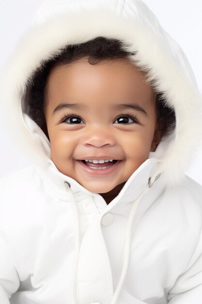 Photo a smiling baby wearing a white jacket and a white hood